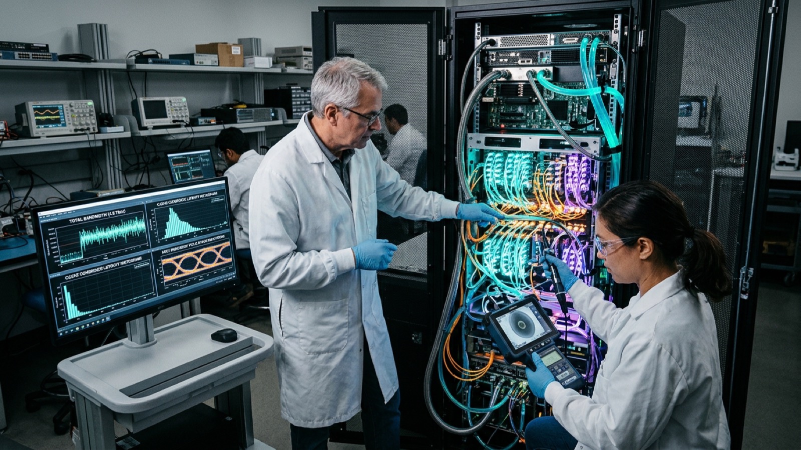 Datacenter systems architect in a Silicon Valley server lab inspecting a liquid-cooled CXL 3.1 optical pooled-memory blade rack with fiber-optic patch bundles