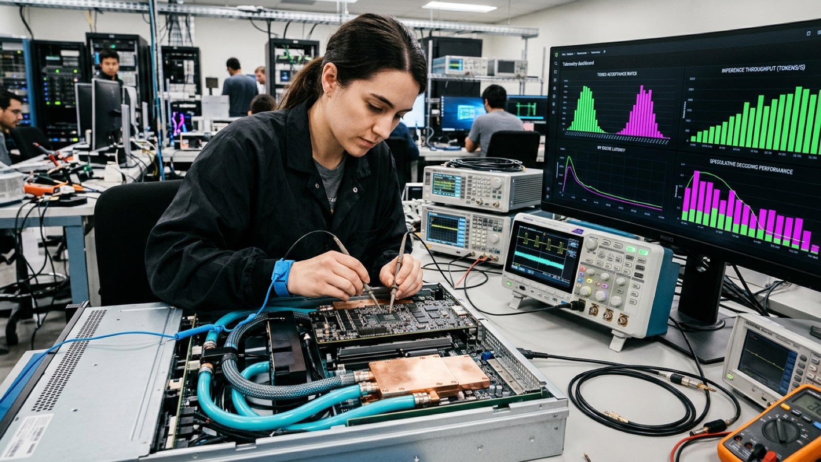 AI hardware systems engineer in a Silicon Valley lab probing a low-profile PCIe speculative-decoding draft accelerator card connected to a GPU server